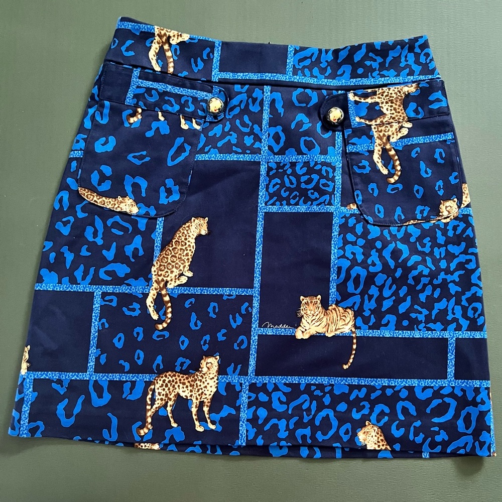 Melly M blue leopard mini skirt patch pockets cotton Lycra blend size 0
